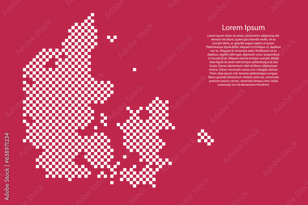 Poster denmark map country from checkered white square grid pattern on red viva magenta background