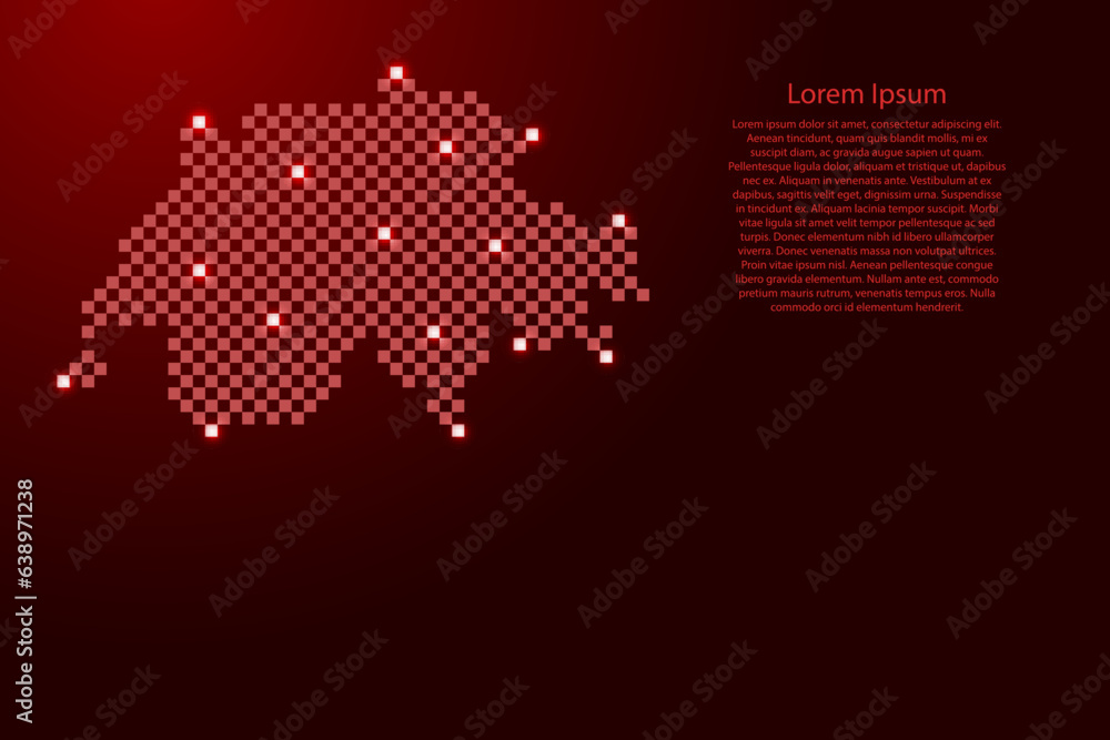 Poster switzerland map from futuristic red checkered square grid pattern and glowing stars for banner, post