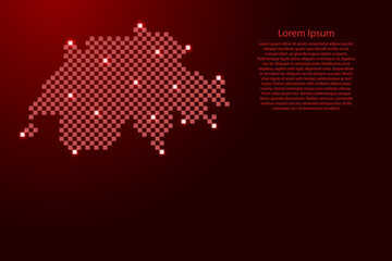Switzerland map from futuristic red checkered square grid pattern and glowing stars for banner, poster, greeting card