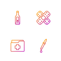 Set line Pipette, Patient record, Digital thermometer and Crossed bandage plaster. Gradient color icons. Vector