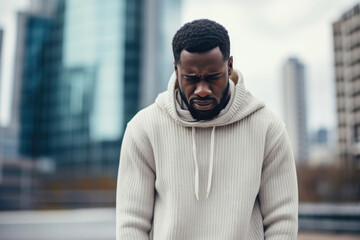 Obraz premium Sadness African Man In White Sweater On City Background. Сoncept Exploring Sadness In African Men, Dealing With Racism In African Society, Confronting Masks African Men Wear