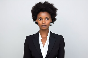 Fototapeta na wymiar Sadness African Woman In Black Suit On White Background. Сoncept Sadness In The Black Community, African Women In Professional Dress, Photography Of Grief Grieving