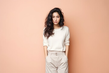 Obraz premium Sadness Asian Girl In Beige Jeans On Pastel Background. Сoncept Sad Asian Girl, Beige Jeans, Pastel Background, Coping With Sadness