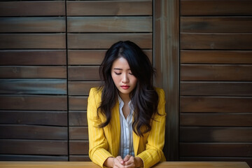Sadness Asian Woman In Yellow Blazer On Wooden Plank Background. Сoncept Sadness, Asian Woman, Yellow Blazer, Wooden Plank Background