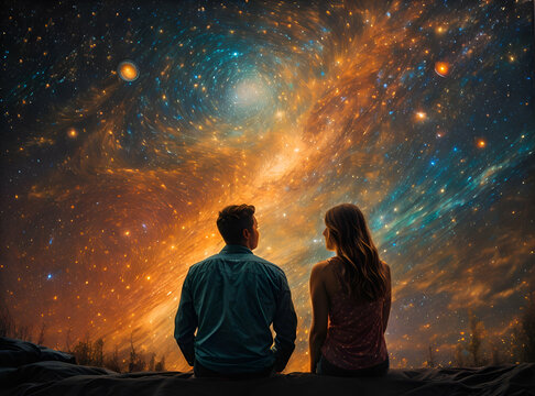 A painting of two people looking at the stars, in the universe