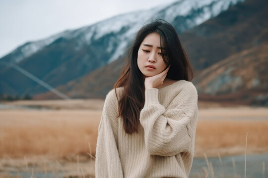 Sadness Asian Girl In Beige Cardigan On Mountain Scenery Background. Toothache. Сoncept , Mountain Climbing, Asian Culture, Emotional Struggles