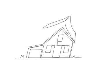 A house damaged by a storm. Hurricane one-line drawing