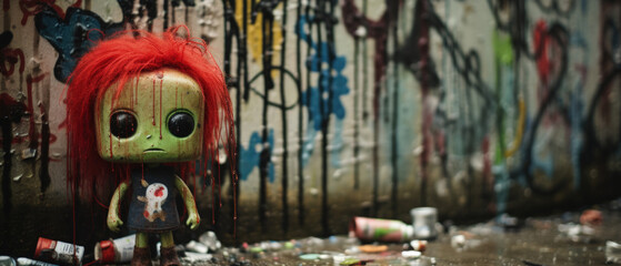 Penniless poor cute toxic green zombie doll that was a passionate spray paint graffiti artist before becoming undead roaming the urban streets, interested in love and art not brains  - generative AI