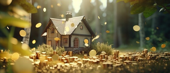 Miniature house with coins. Generative AI - obrazy, fototapety, plakaty