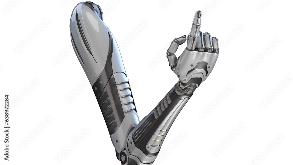 Poster 3d render of detailed robotic arm or futuristic cyber hand showing index finger or forefinger. isola