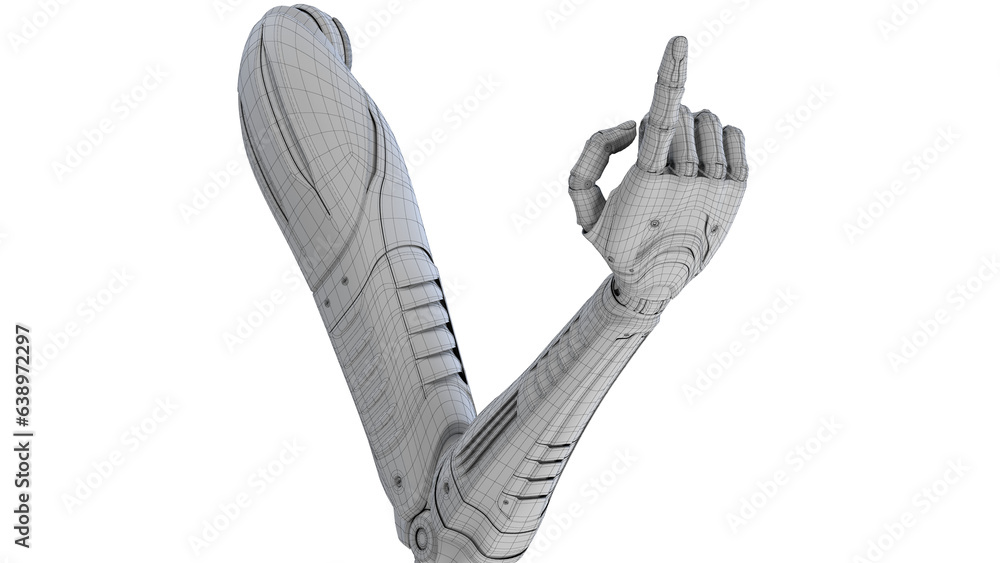 Poster 3d render of detailed robotic arm or futuristic cyber hand showing index finger or forefinger. isola