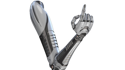 3d render of detailed robotic arm or futuristic cyber hand showing index finger or forefinger. Isolated on transparent background