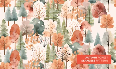 Zelfklevend Fotobehang Cute watercolor drawing with autumn trees, autumn forest seamless pattern in soft colors. Autumn trendy art background for season decoration, greetings, ads, fabric textile and packaging © Tanya