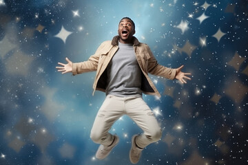 Fototapeta na wymiar Surprise African Man In Beige Jeans On Galaxy Stars Background. Сoncept African Representation In Space Exploration, Representation In Pop Culture, Breaking Stereotypes Of Masculinity