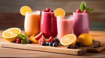 Fototapeta premium Vibrant Stripes of Wellness. Colorful Fruit, Vegetable, and Lemon Smoothies