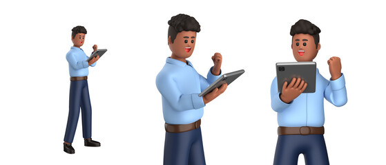 3d black businessman executive pose wearing suit standing with blank screen tablet, laptop isolated on white background, 3d rendering