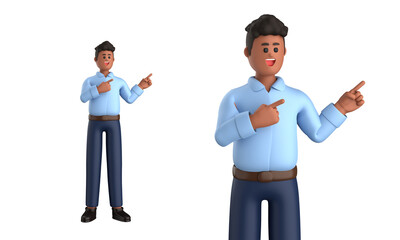 3d black businessman executive pose wearing suit standing with blank screen tablet, laptop isolated on white background, 3d rendering