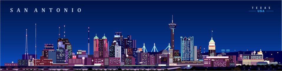 San antonio city skyline night modern buildings vector illustration, Texas. - obrazy, fototapety, plakaty