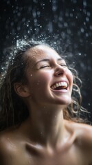 Obraz premium Portrait of a happy woman in a shower. Generative AI