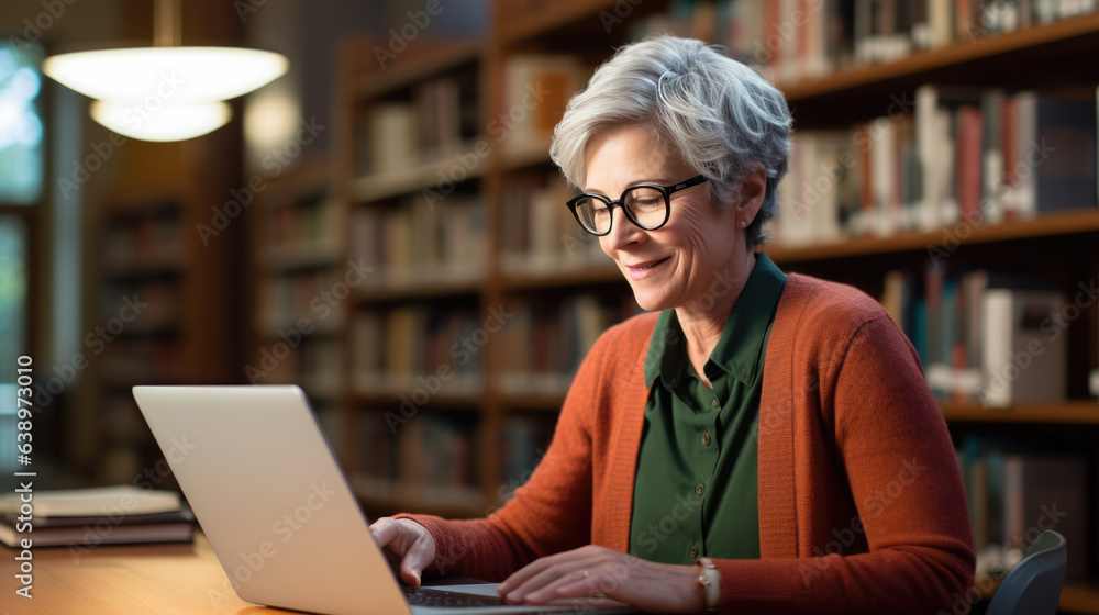 Poster female professor sits in the university library with a laptop, preparing for a lecture