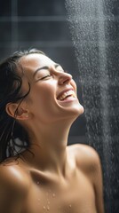 Portrait of a happy woman in a shower. Generative AI