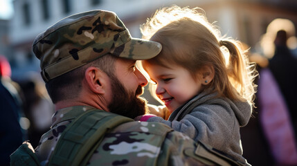 Military man hugs his daughter as he reunites with his family. - obrazy, fototapety, plakaty