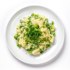 Colcannon Irish Dish On A White Plate, On A White Background Directly Above View