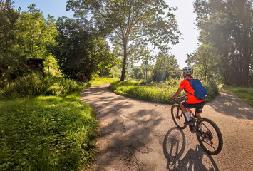 nice woman with electric mountain bike, cycling in moody morning light on the Neckar valley bicycle...