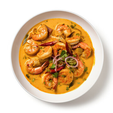 Chingri Malai Curry Bangladeshi Dish On A White Plate, On A White Background Directly Above View