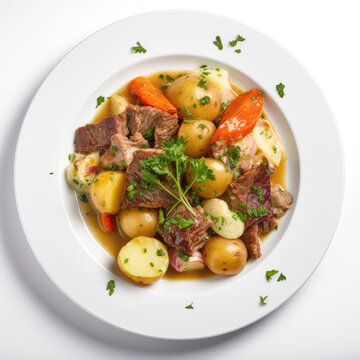 Dublin Coddle Irish Dish On A White Plate, On A White Background Directly Above View