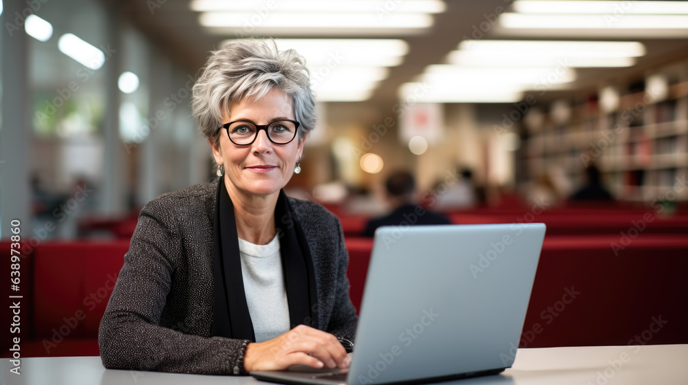 Poster female professor sits in the university library with a laptop, preparing for a lecture