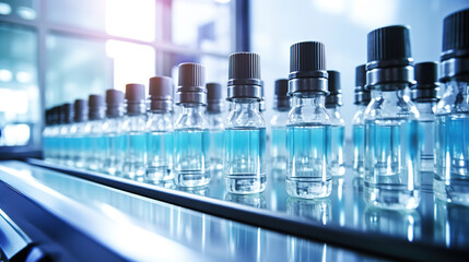 Medical vials on production line at pharmaceutical factory