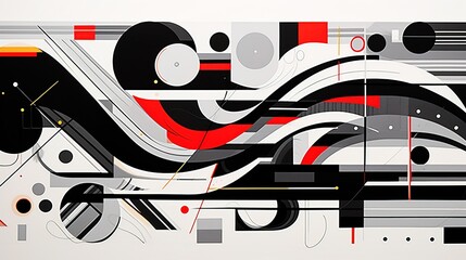 Abstract black, white and red lines circles and waves