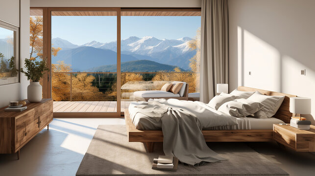 Harmony of Elements, Sunlit Minimalist Bedroom Overlooking Mountain Beauty