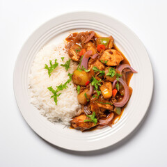 Rui Macher Jhal Bangladeshi Dish On A White Plate, On A White Background Directly Above View