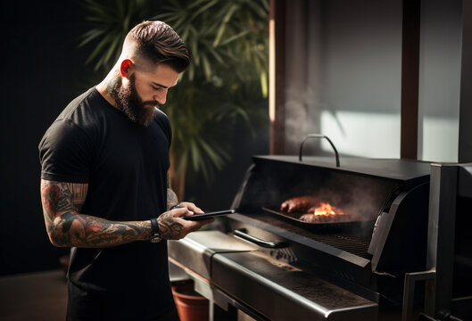 Young tattooed chef in uniform controlling grill with smartphone app - Young chef cooks on the grill - Generative AI