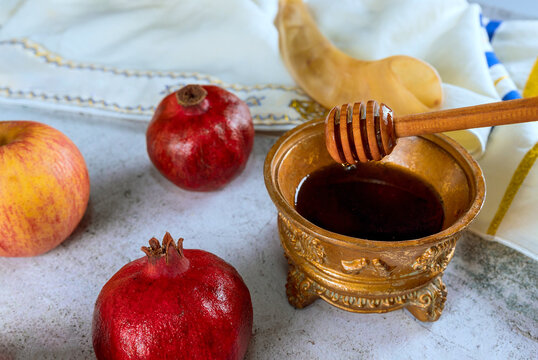 Rosh hashanah of holiday Jewish New Year traditional religion symbols with apples, honey, pomegranate, Shofar