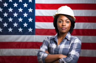 Professional Black Woman Engineer or Construction Industry Worker Wearing Safety Helmet Standing against USA Flag - Labor Day Concept - Generative AI