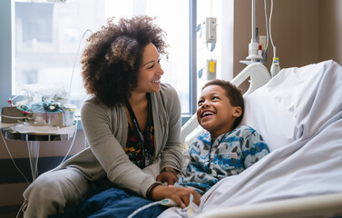Smiling mother and son at hospital- Mom helpling son during hospitalization - Generative AI