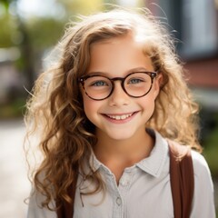 Fototapeta na wymiar A girl in glasses in the school yard. Generative AI