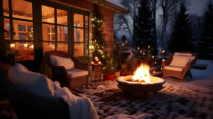 winter evening on the patio of beautiful suburban house with lights and a cozy fire in the garden - obrazy, fototapety, plakaty