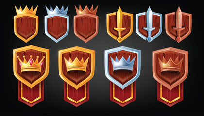 3D game badge shield set, vector level up UI medieval rank sword, golden silver bronze knight crown. Achievement RPG fantasy award kit, rating progress winner reward icon. Wooden game badge iron prize