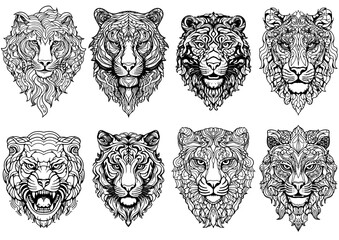 Set of hand drawn tiger heads