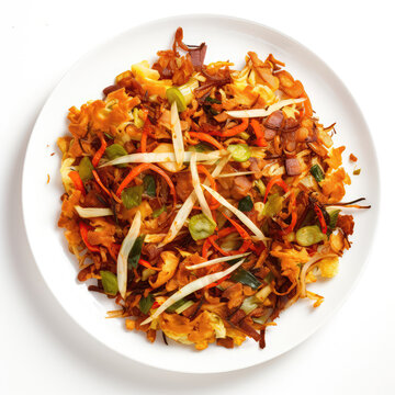 Kottu Roti Sri Lankan Dish On A White Plate, On A White Background Directly Above View