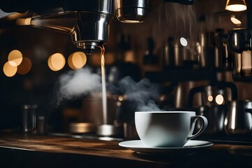 a barista pouring steaming  coffee into a cup, capturing the moment of the pour