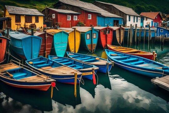 Quaint Fishing Village with Colorful Boats