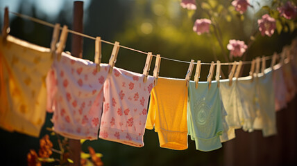 After being washed, childrens colorful clothing dries on a clothesline in the yard outside in the sunlight.generative ai