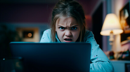 Girl very angry at his computer, bulling.