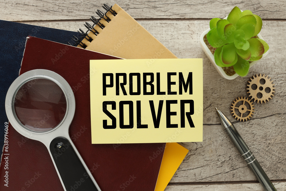 Poster problem solver, magnifying loupe. sticker text