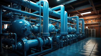 Valves, Pipes, and Pumps in the High-Tech Boiler Room Facility. Generative AI - obrazy, fototapety, plakaty